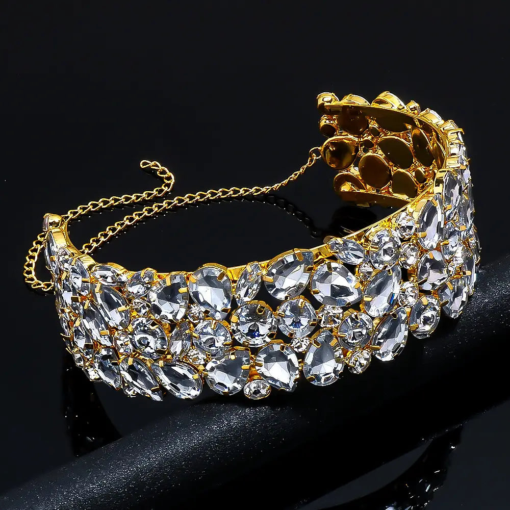 Exaggerated Water Diamond Multi-layer Choker Necklace with gold-toned floral rhinestones.