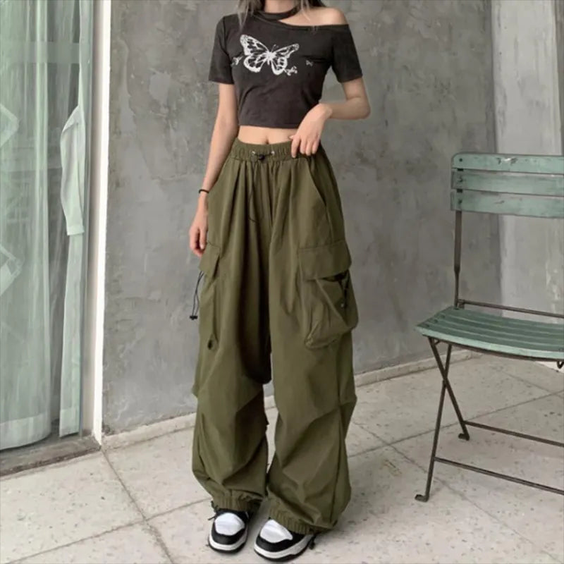 Womens Streetwear Cargo Baggy Parachute Wide Leg Trousers - Pleasures and Sins   Pleasures and Sins