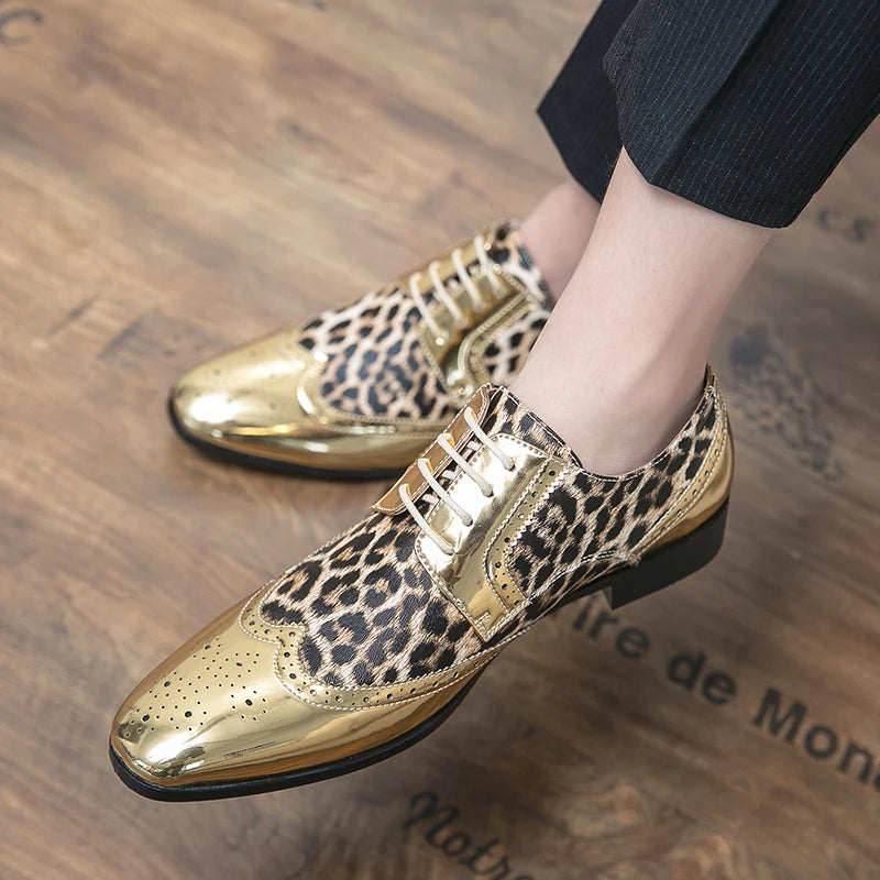 Mens Gold or Silver Patent Leopard Print Shoes - Pleasures and Sins   Pleasures and Sins