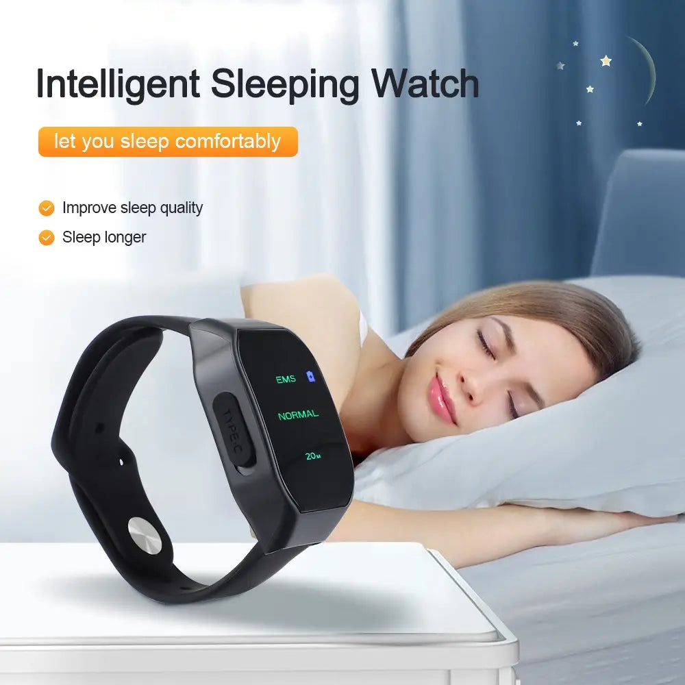 Black fitness tracker wristband with EMS pulse therapy for hand wear sleeping aid.