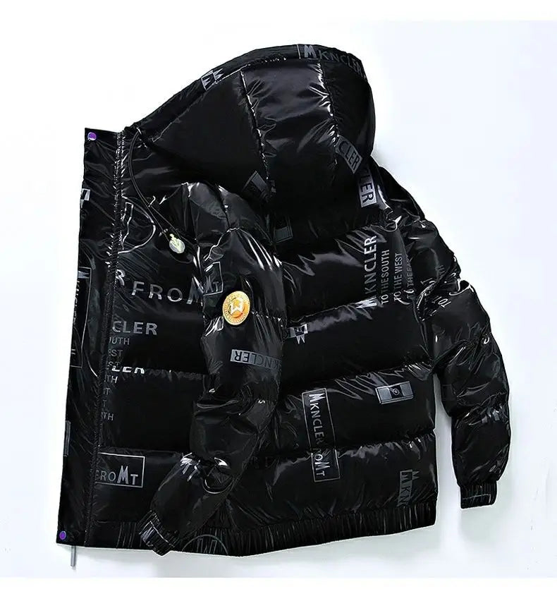 Black glossy puffer jacket with cool text pattern, perfect for a winter hooded shiny look.