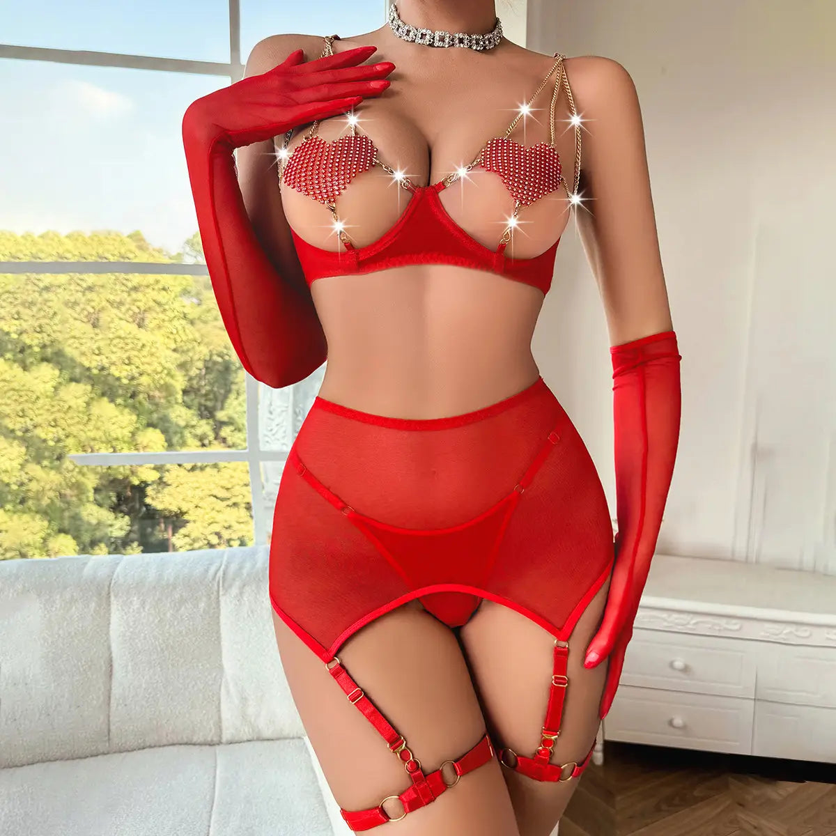 Red lingerie set featuring a mesh heart-shaped bust and a sexy chain five piece design.