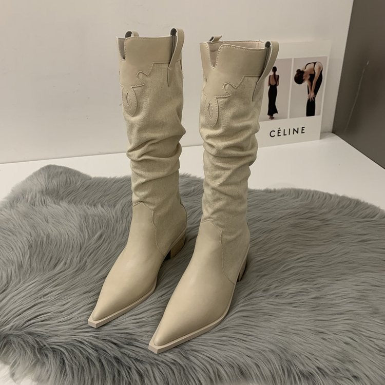 Western Cowboy Boots Low Heel  Pointed Toe Knee High Suede Boots - Pleasures and Sins   Pleasures and Sins