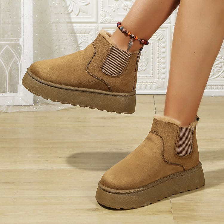 Tan suede chelsea boots with thick platform soles for that Womens Short Plush warm vibe.