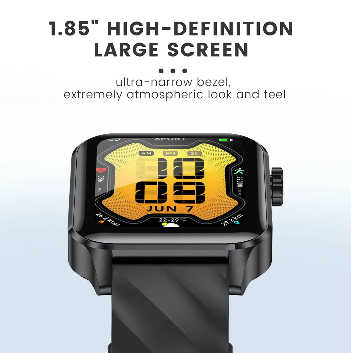 Black smartwatch with digital display on yellow-orange, featuring Bluetooth calling and waterproof health monitoring.