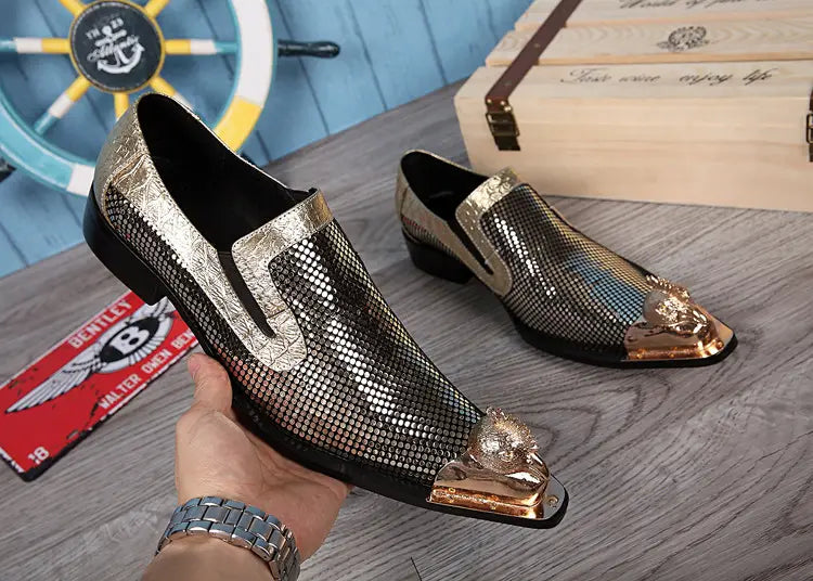 Metallic Silver Dress Shoes with Textured Pattern and Gold Pointed Toe Caps for Trendy Style