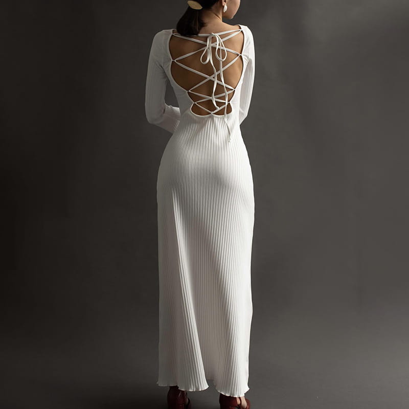 White Ribbed Dress with Flared Sleeves and Backless Lace Up