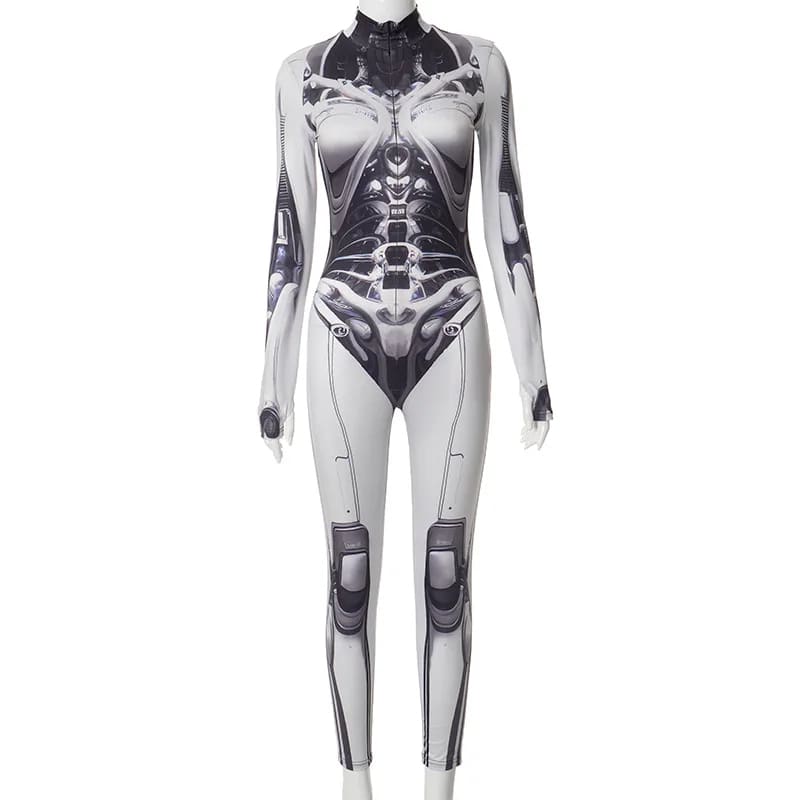 3D Printed Cosplay Bodycon Goth Punk Bodysuit grey / S