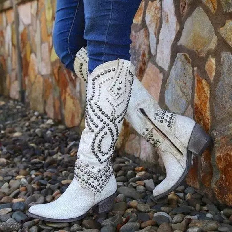 Ladies Western Cowgirl Boots With Rivet Detail and Chunky Heels