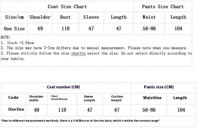 Size chart for Chanel Style Wide Leg Three-Piece Knitted Set in centimeters.