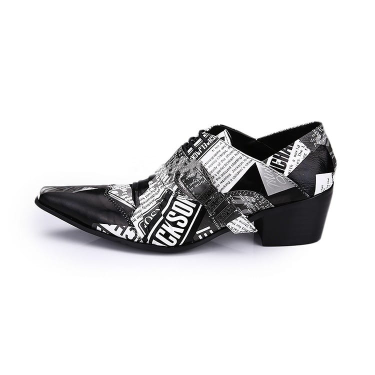 Black and white newspaper print leather dress shoe with chunky heel, Michael Jackson style.