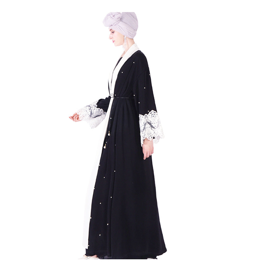 Ladies Black Beaded Muslim Robe With Lace Cuffs - Pleasures and Sins   Pleasures and Sins