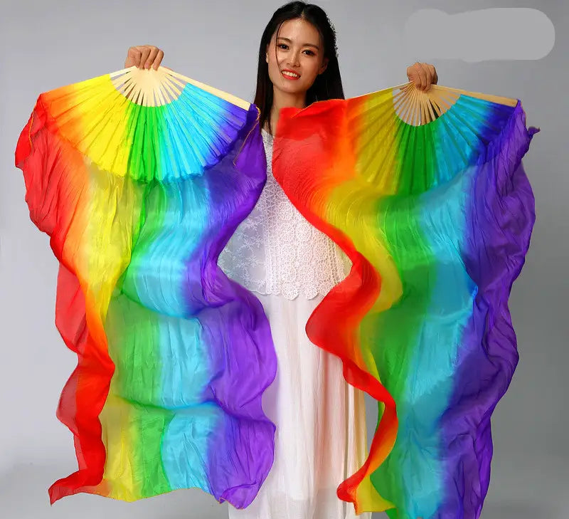 Rainbow Gay Pride Long Silk Bamboo Folding Fan For Stage