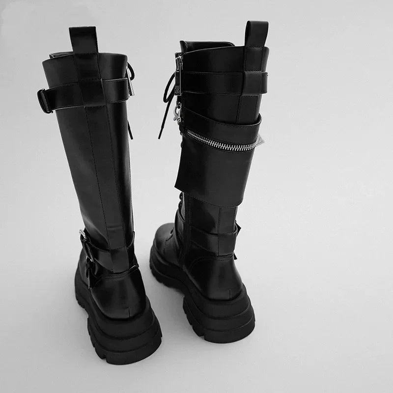 Lace Up Silver Chain Women's Thick Heel Knee High Motorcycle Boots