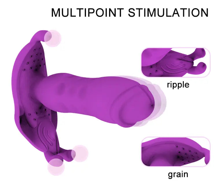 Plug anal violet en silicone pour homme à distance avec des surfaces texturées et de fortes vibrations.