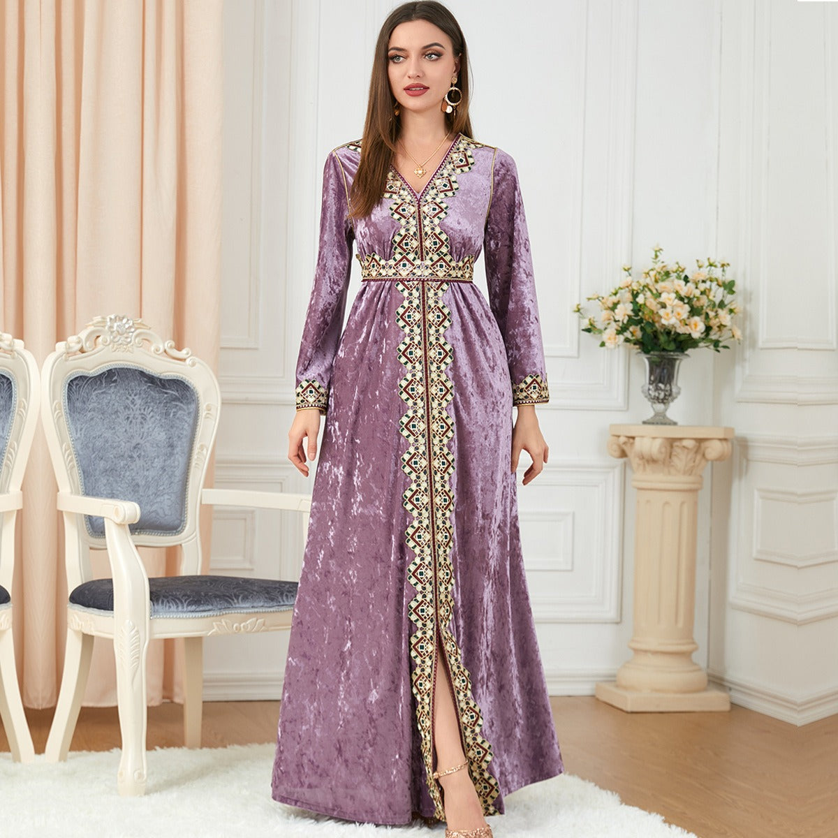 Muslim autumn, winter loose fitting long sleeved golden velvet dress - Pleasures and Sins   Pleasures and Sins