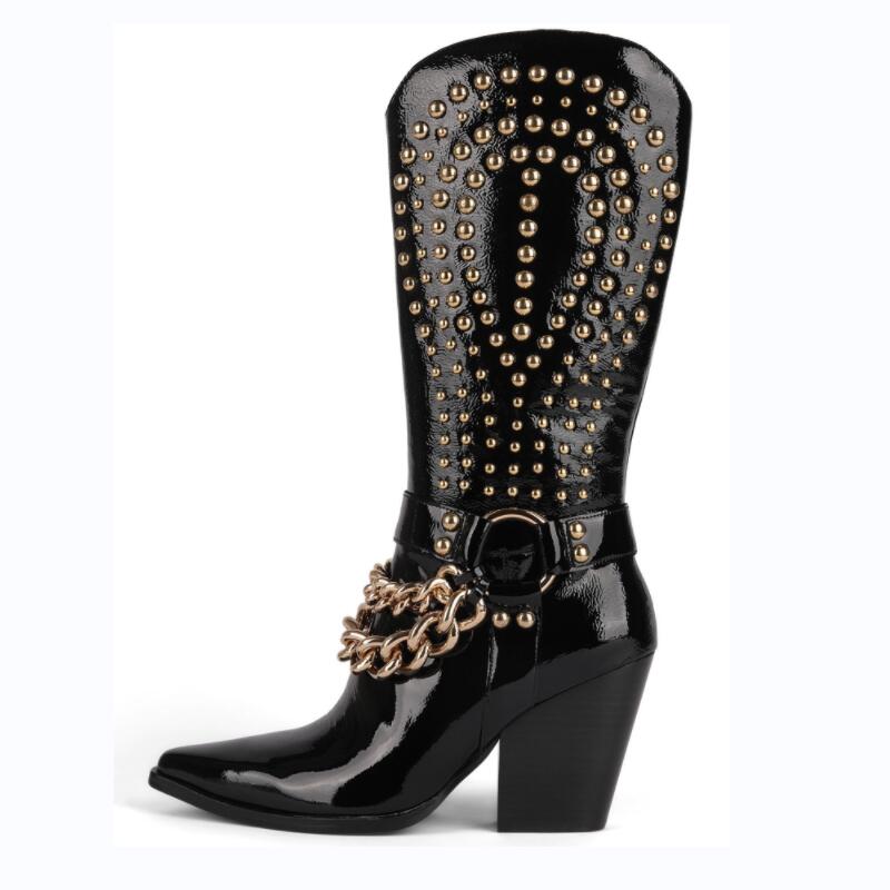 Stylish Black Patent Leather Western Cowboy Boots with gold studs and rivet belt buckle.