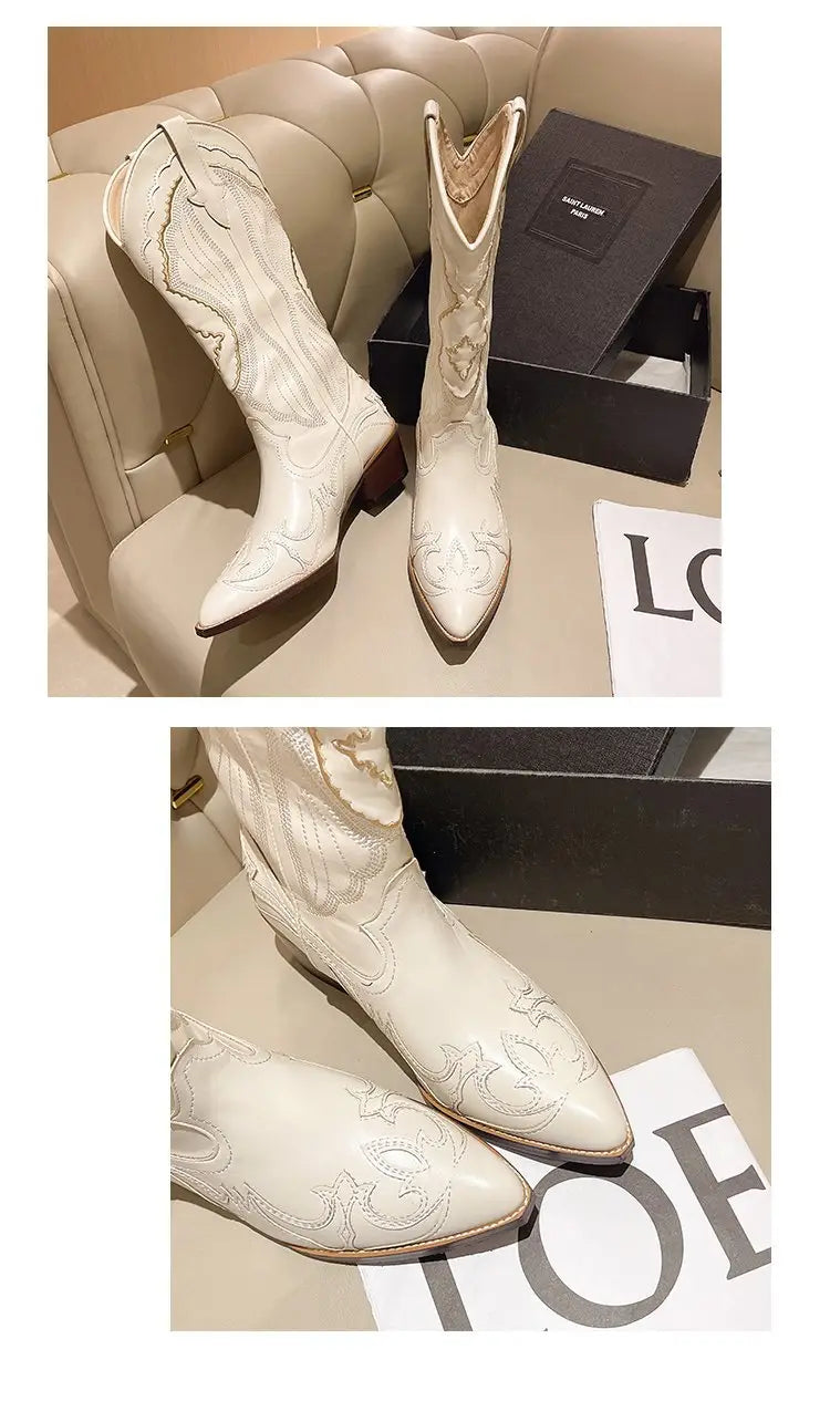 Unisexe Blanc Western Long Boots Chunky High Heel Pointed