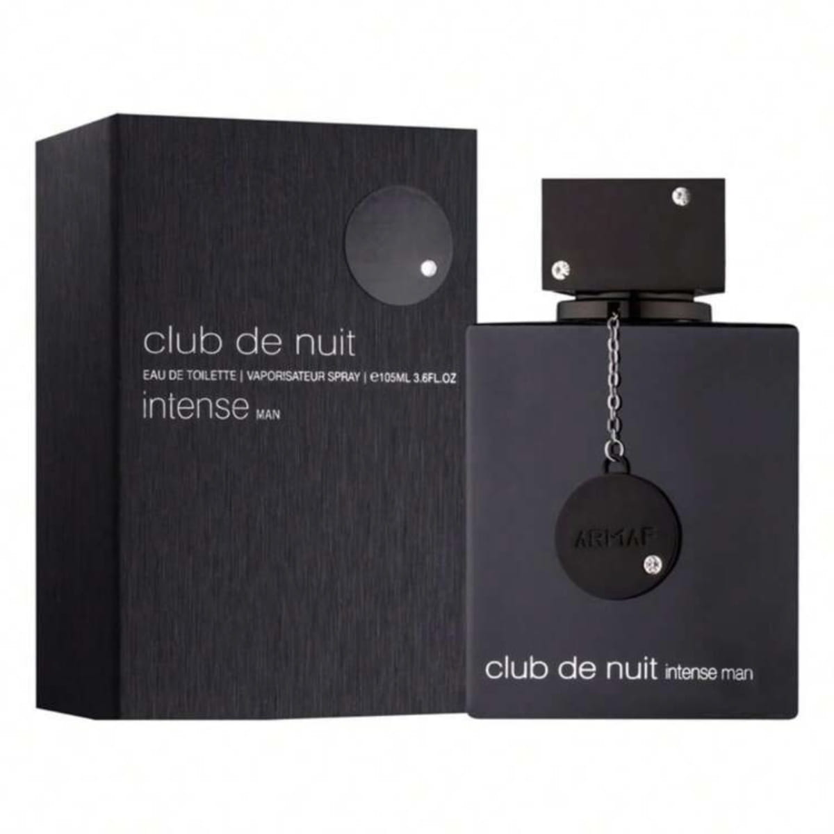 Schwarze Parfümflasche und Schachtel mit der Aufschrift Club de Nuit Intense Man für den anspruchsvollen Gentleman.