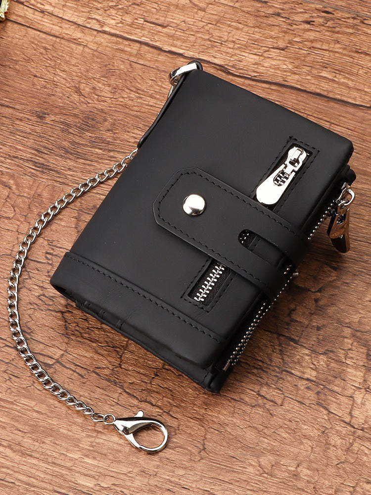 Mens short genuine leather wallet with zip and chain detail - Pleasures and Sins   Pleasures and Sins