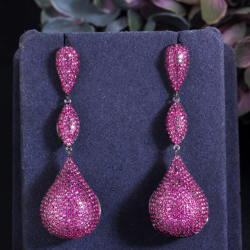 Micropaved zirconia three-color full diamond long elegant earrings - Pleasures and Sins   Pleasures and Sins