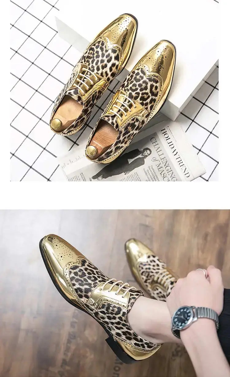 Mens Gold or Silver Patent Leopard Print Shoes