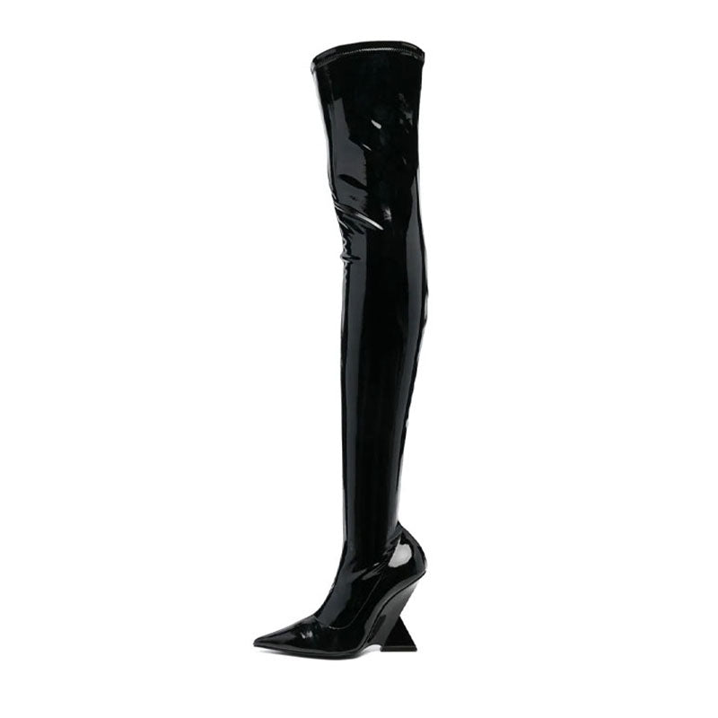 Nouvelles bottes cuissardes à talons hauts et bout pointu pour femmes avec fermeture éclair latérale, sexy et fines, en cuir verni Dominatrix