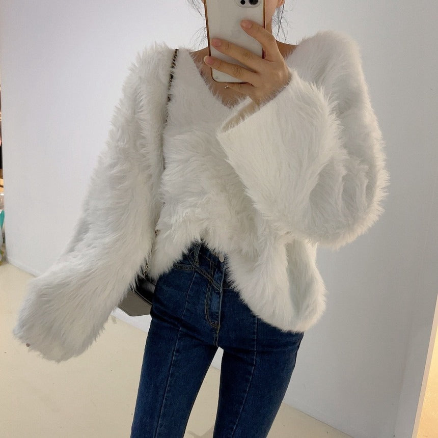 Knitted top women's loose fitting pullover imitation mink fur top