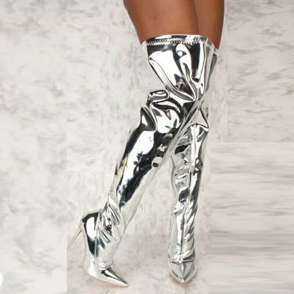 Metallic Silver Pointed Toe Stiletto Heel Thigh Boots