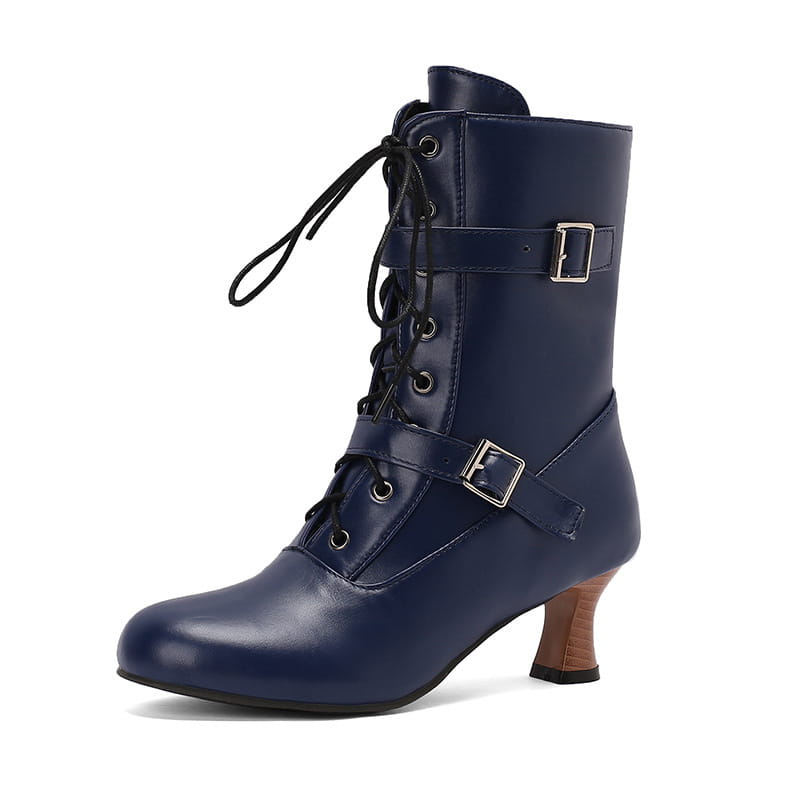 Navy blue mid heel lace-up boots featuring buckle straps and a stylish curved heel.