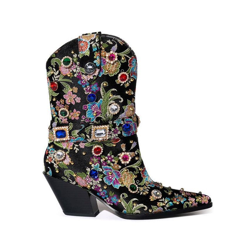 Womens Gemstone embellished Wedge Heel Satin Ankle Western Boots - Pleasures and Sins   Pleasures and Sins