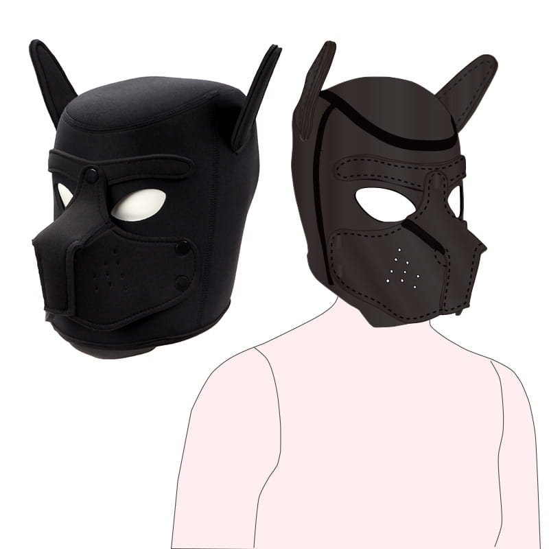 Two neoprene puppy-style masks in black and dark brown for role play BDSM fun.