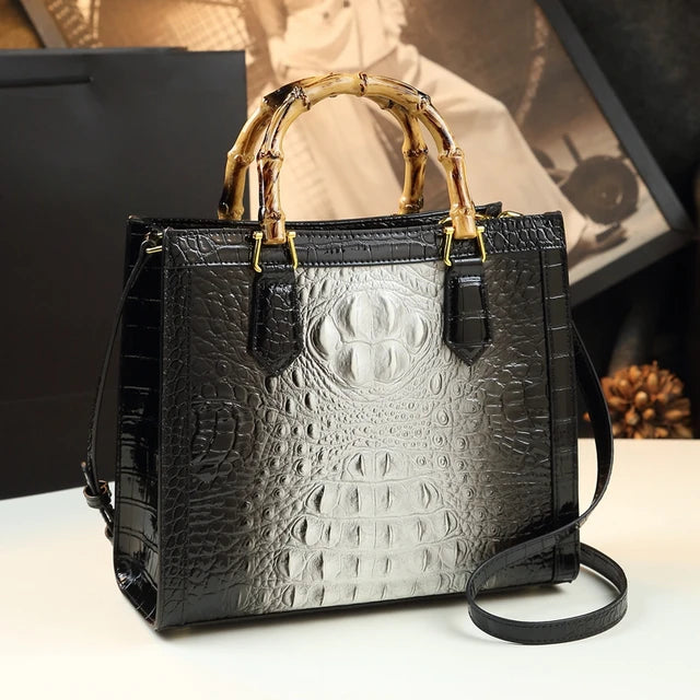 Genuine Leather Bamboo Handle Crocodile Pattern Ladies Handbag - Pleasures and Sins   Pleasures and Sins