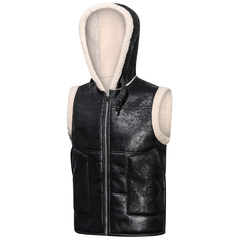 Mens Leather and Fur Lined and Hooded Zip Up Gilet Vest