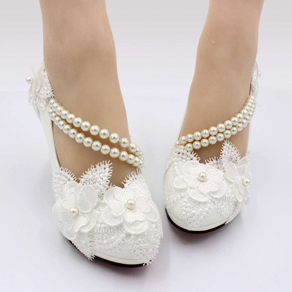 Floral With Pearl Strap High Heel White Wedding Shoes