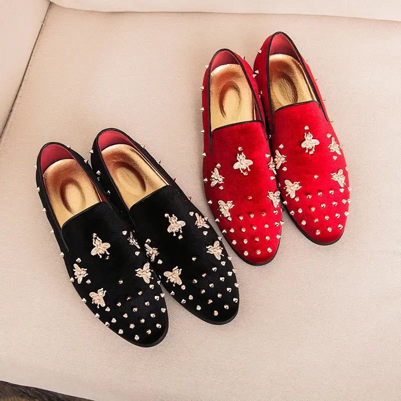 Stylish Bee Encrusted Velour Casual Studded Loafers for Men in black and red designs.