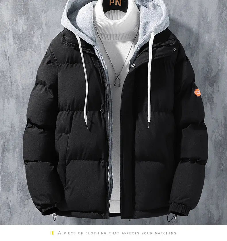 Black puffy winter jacket with gray hood, perfect trendy windproof loose oversized style.