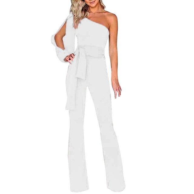 Womens Summer Casual Long Sleeve One Shoulder Wide Leg Jumpsuit - Pleasures and Sins   Pleasures and Sins