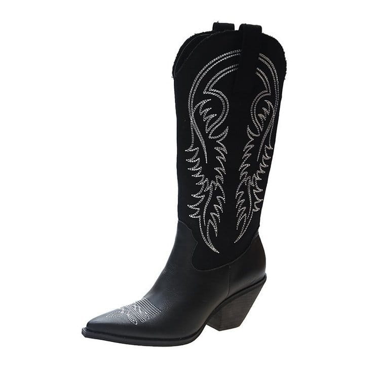 Womens Pu Leather Pointed Toe Western Cowboy Boots Chunky