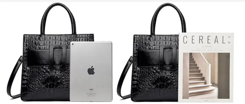 Stylish Womens Crocodile Shoulder Crossbody Tote Bag in black with chic buckle detail.