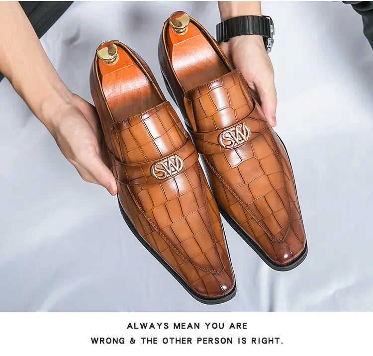 Men’s Pointed Toe Crocodile Pattern Casual Tan Leather Dress Loafers with Texture.