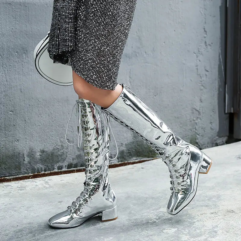 Patent Leather Lace-up Multi Hole Boots
