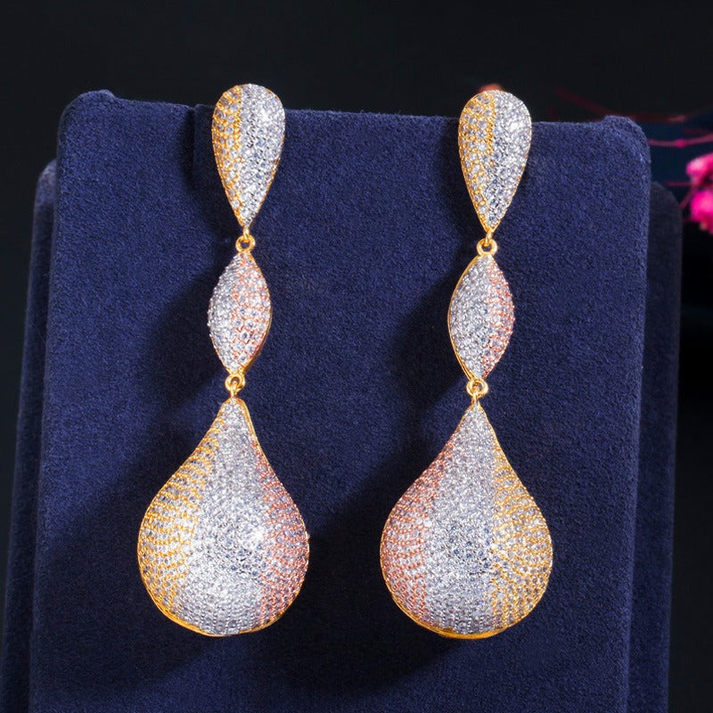 Micropaved zirconia three-color full diamond long elegant earrings - Pleasures and Sins   Pleasures and Sins