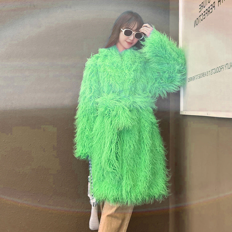 Ladies fur imitation wool, long style knee high fur coat with belt