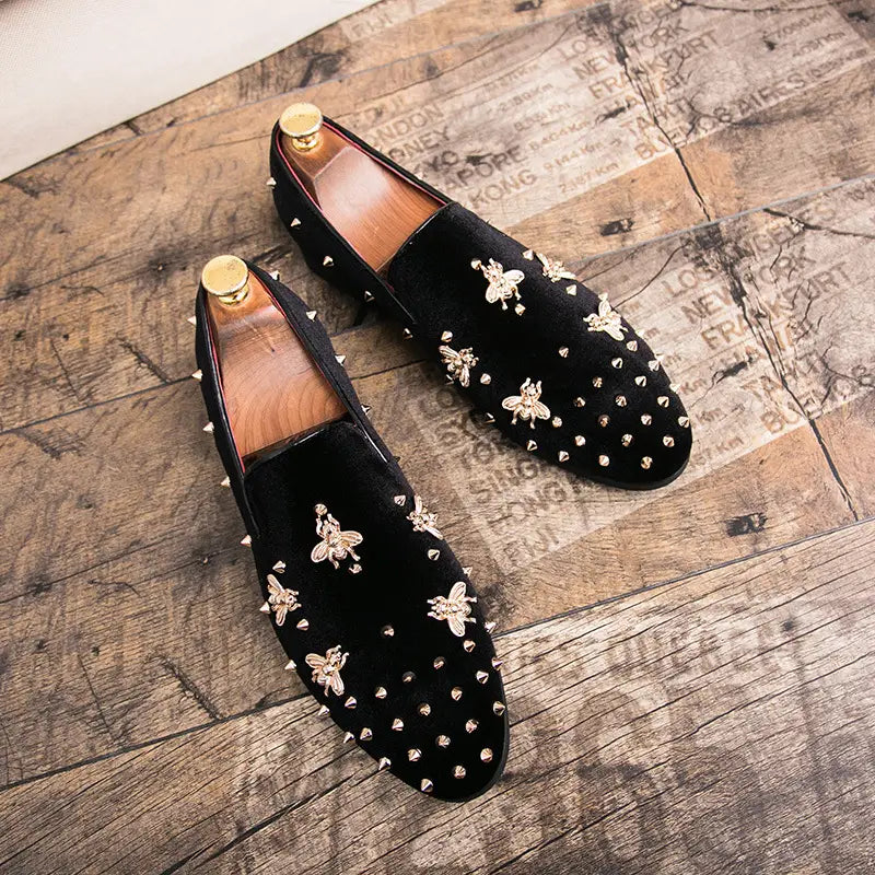 Black velvet loafers with metallic studs and floral embroidery for Stylish Bee Encrusted Velour.