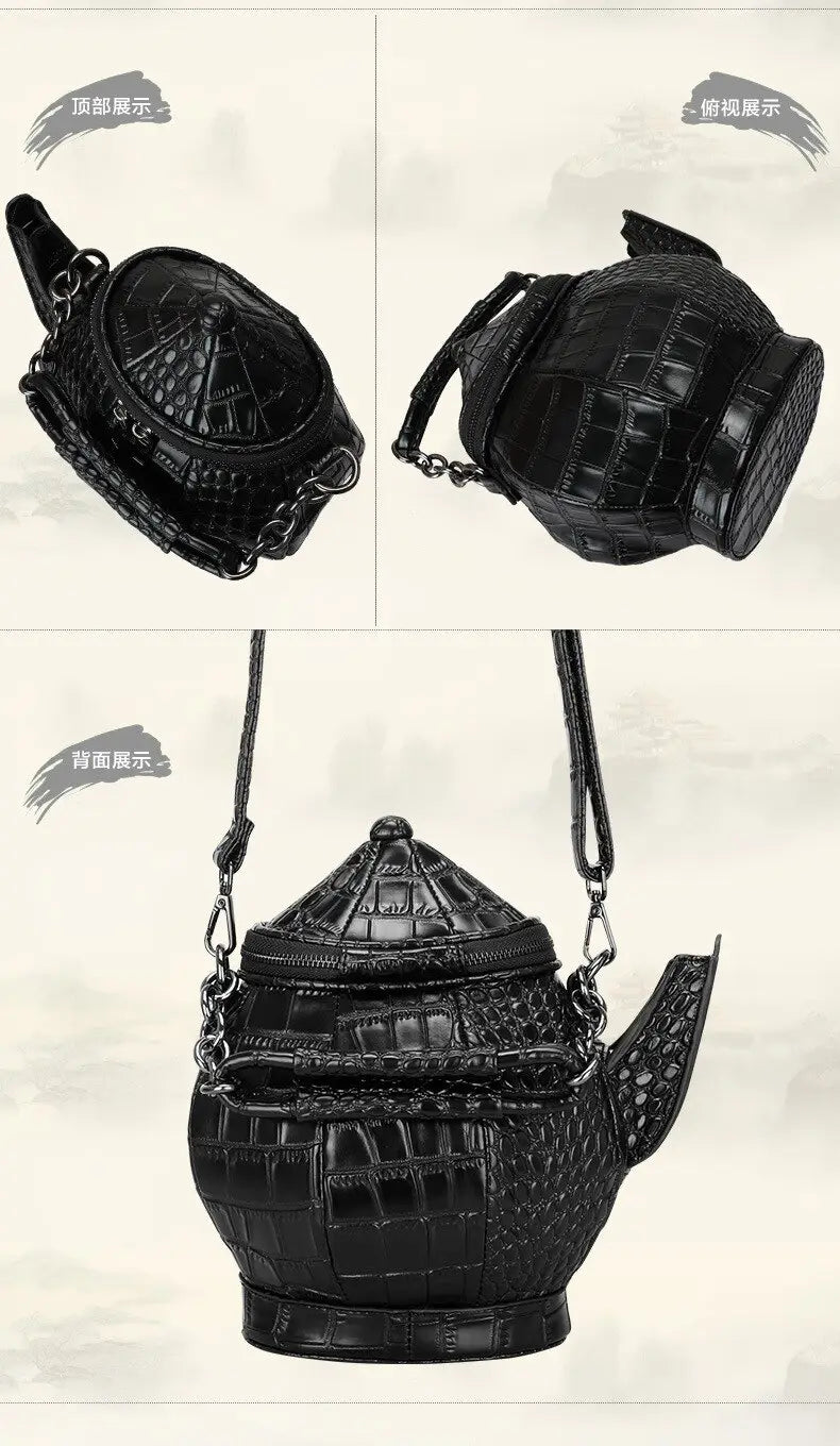 Stylish ladies black teapot shaped shoulder bag in textured leather with shoulder strap.