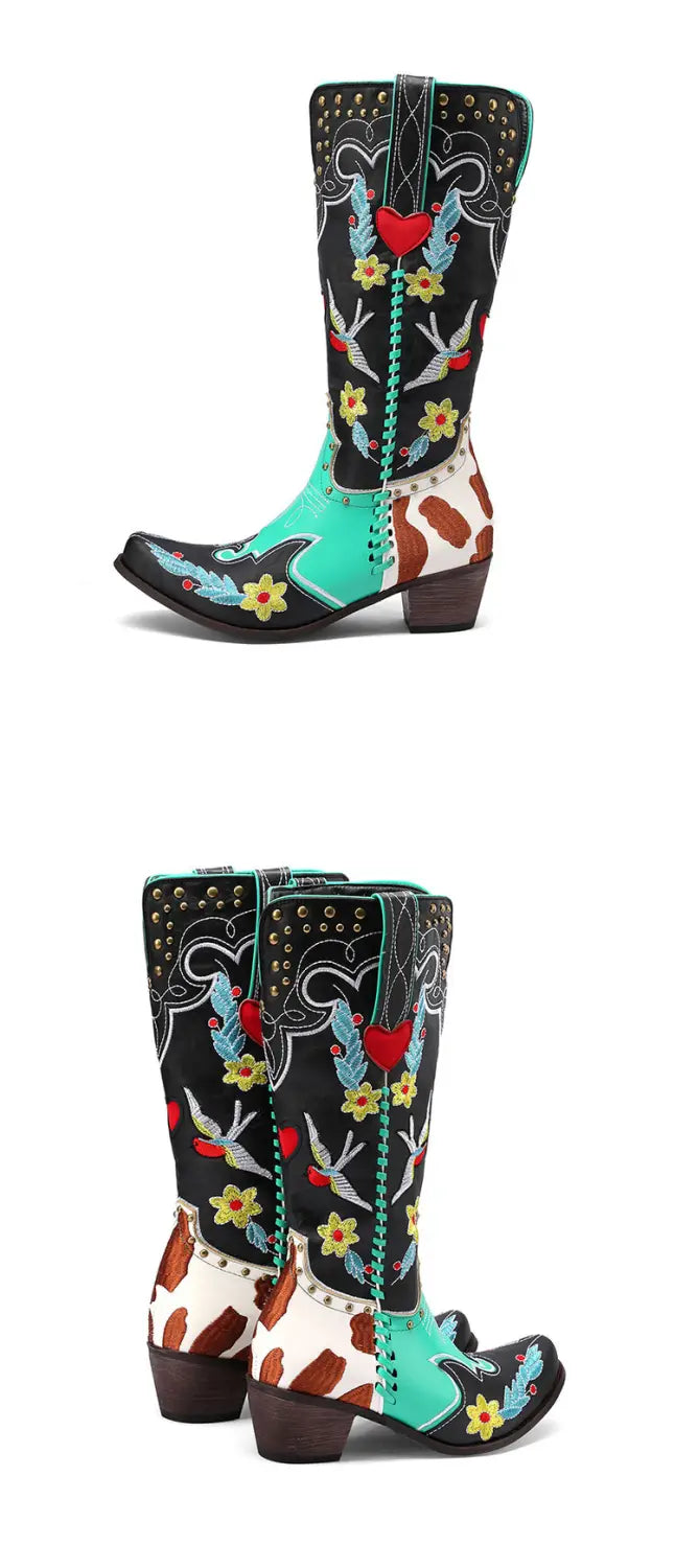 Decorative cowboy boot with turquoise, cowhide, and exquisite embroidery for women’s western boots