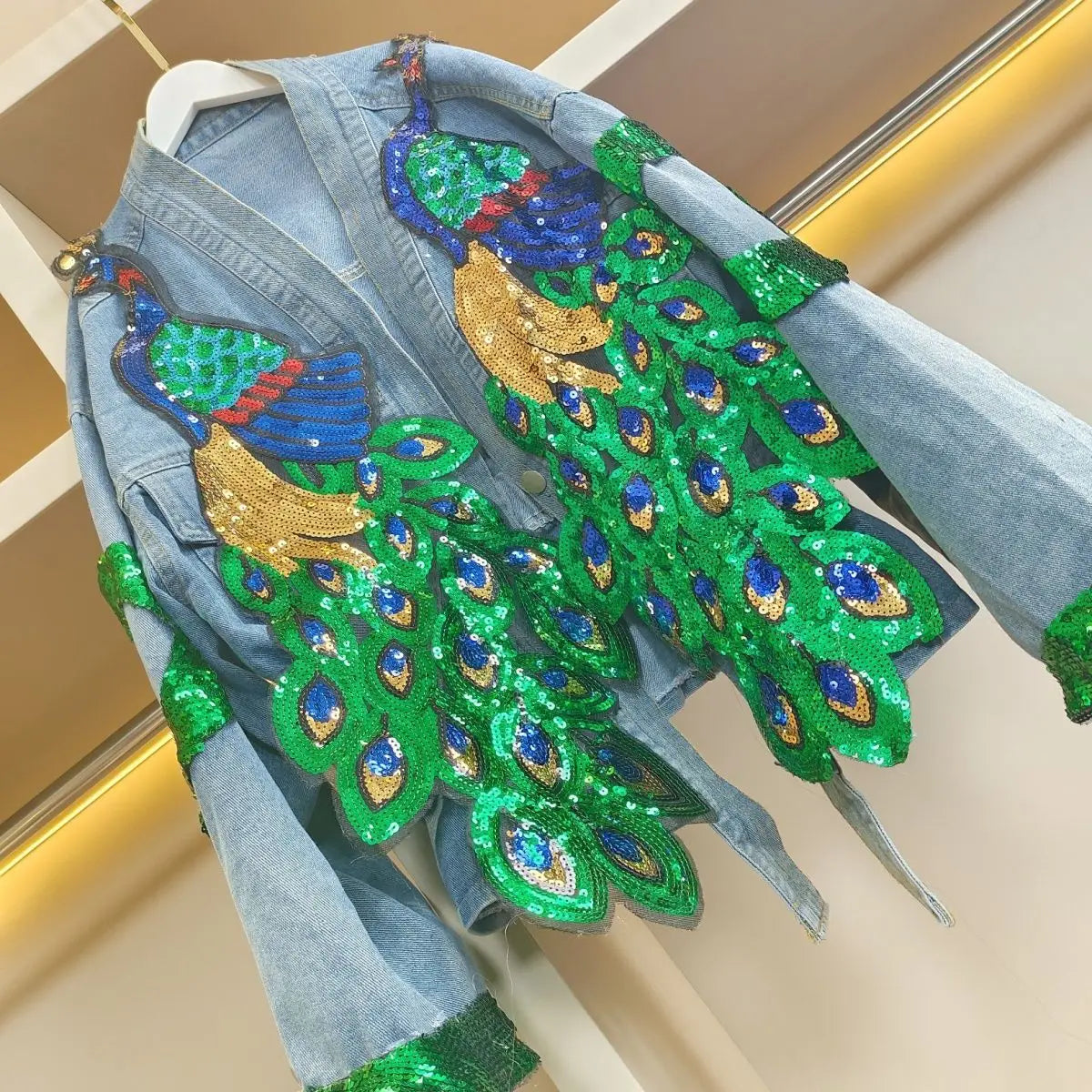 Womens V-neck 3D Peacock Sequined Embroidered Denim Jacket - Pleasures and Sins   Pleasures and Sins