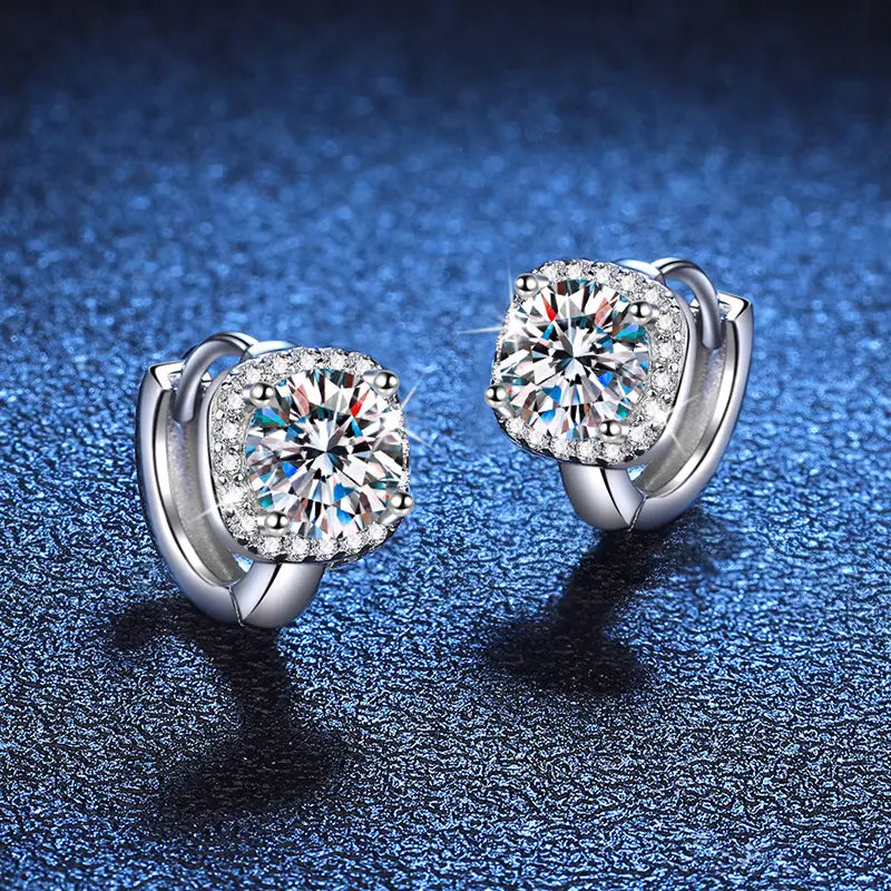 Sparkling silver classic hoop earrings with cushion-cut Moissanite and shimmering crystals.