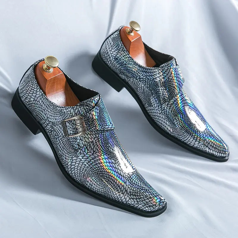 Stylish Iridescent Patent Metallic Snake Print Buckle Dress Shoes for a chic look.